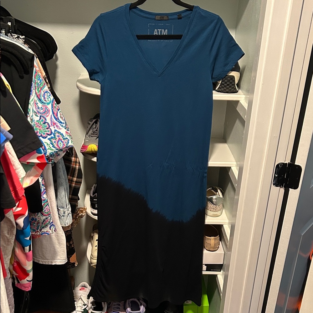 ATM Anthony Thomas Melillo Teal V-Neck Short Sleeve Ombré Tie Dye Maxi Dress